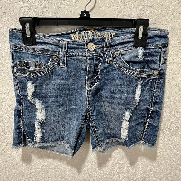 Wallflower Dark Wash Distressed Bermuda Denim Shorts - Picture 1 of 10